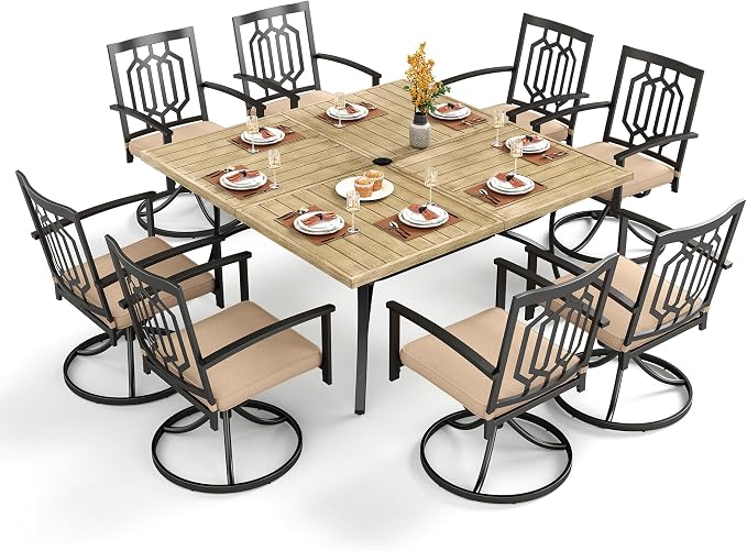 PHI VILLA 9 Pcs Outdoor Dining Set& Square Wood-Like Wrought Iron Table | Swivel Metal Steel Chairs, Large Outside Furniture Set for Patio, Porch, Deck, Backyard