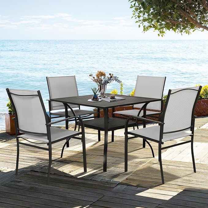 SUNCROWN 6 - Piece Outdoor Dining Set, Patio Furniture Set with 4 Textilene Dinning Chairs, 1 Steel Slat Metal Bistro Table and 1 Dark Blue 9Ft Patio Umbrella for Lawn Garden Backyard Deck, Grey