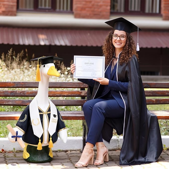 Graduation Porch Goose Outfit Goose Dress Clothes with Grad Sash, Cap and Gown Costume for 23" Gooses Statue Decoration Patio Yard Garden Lawn Outdoor Decors