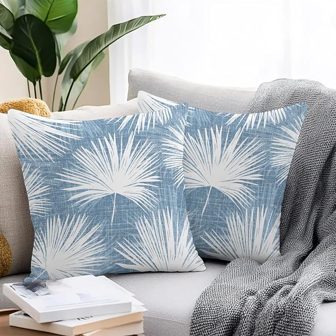 Throw Pillow Covers 24x24 Inch Set of 2, Hazy Blue Palm Leaves Coastal Waterproof Outdoor Pillow Covers, Summer Tropical Botanical Decorative Cushion Pillowcases for Couch, Sofa, Bed, Garden, Patio