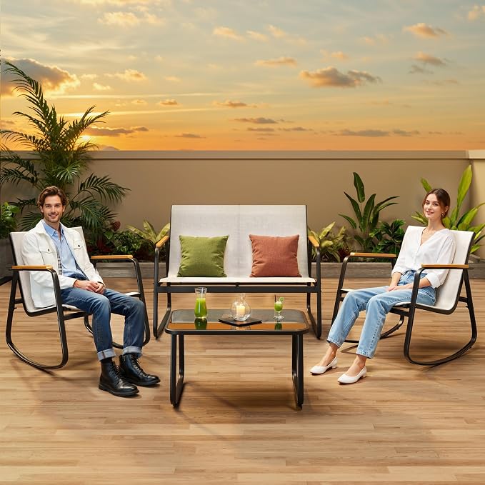 Ahomly Outdoor Patio Furniture Set 4 Pieces, Conversation Textilene Fabric Chairs with Coffee Table Rocking Chairs Bistro Set for Backyard, Poolside, Porch (White)