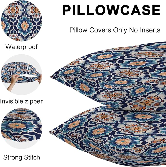 Orange Blue Outdoor Pillow Covers 26x26 Inch Throw Pillow Covers Set of 2 Waterproof Decorative Pillow Cases Morocco Boho Abstract Floral Ethnic Tribal Cushion Covers for Patio Furniture Garden Couch