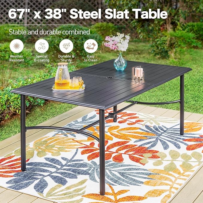 SUNSHINE VALLEY 7 Piece Patio Dining Set for 6, Rectangular Metal Dining Table with Umbrella Hole and 6 Chairs, Outdoor Table and Chairs Set for Lawn Backyard and Deck, Brown