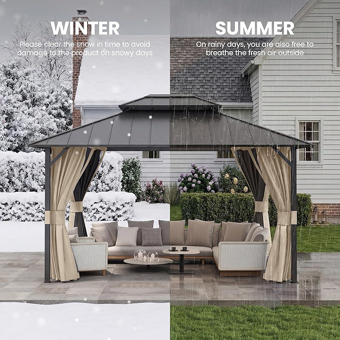UDPATIO 12'x14' Hardtop Gazebo, Permanent Patio Pavilion with Breathable Netting and Privacy Curtain for Dining Party, Beige