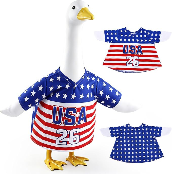 4th of July Patriotic Goose Outfit, USA Soccer Jersey Style Shirt for 23 Inch Porch Goose Statue, Stars and Stripes American Flag Clothes for Independence Day, Outdoor Garden Lawn Decor