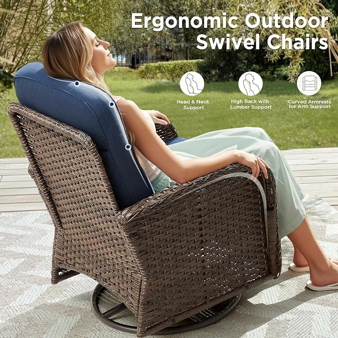 5 Pieces Luxury Patio Furniture Sets with 6-Inch Thick Cushions, High Back Swivel Outdoor Rocking Chairs Set of 2 with Multifunctional Ottoman, Wicker Conversation Set for Porch Garden, Blue