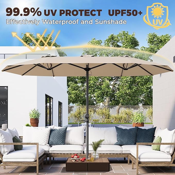 GDPFN 15FT Large Patio Umbrella, Outdoor Deck Standing Umbrella with Crank Handle, Double-Side Rectangular Pool Umbrella for Outside, Market, Patio, Beige (Base Not Include)