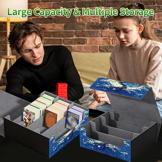 Large Card Deck Box for MTG, Fits 1200+ Sleeved Cards, PU Leather Storage Case with Strong Magnetic Closure, Multiple Colors Available for TCG CCG Baseball Card Collections, Moon Green Tree
