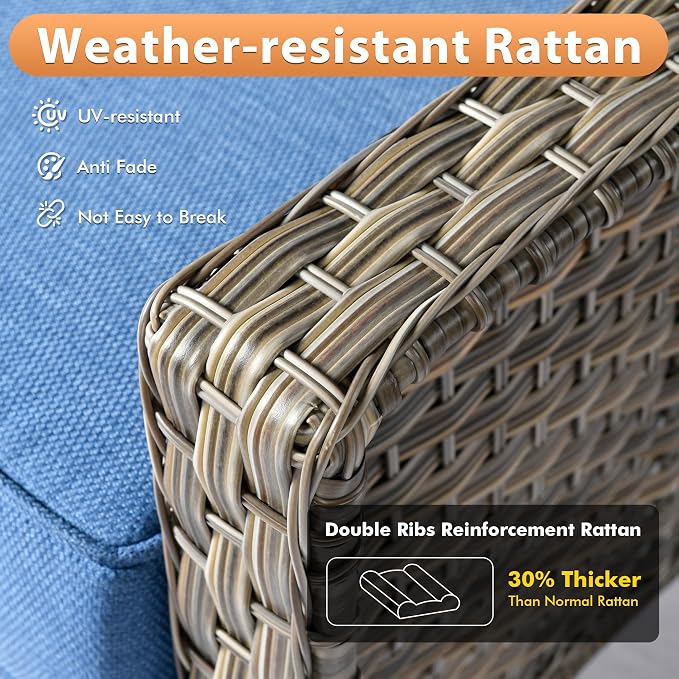 8 PCS Outdoor Patio Furniture Sets,Patio Conversation Sets Outside Rattan Soft Cushion Sofa with 2 Wicker Rocking Chairs Soft Cushion Fit Backyard Porch Garden Poolside Balcony,Diamond Blue
