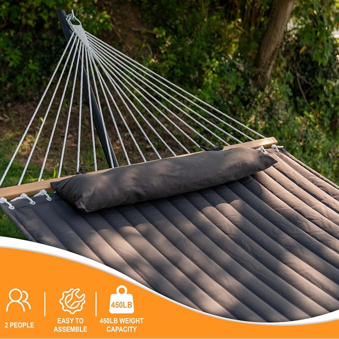 Lazy Daze Quilted Fabric Hammock with 12-Foot Stand, Double 2-Person Hammock with Pillow for Outdoor Outside Patio, Garden, Backyard, 450LB Capacity, Gray