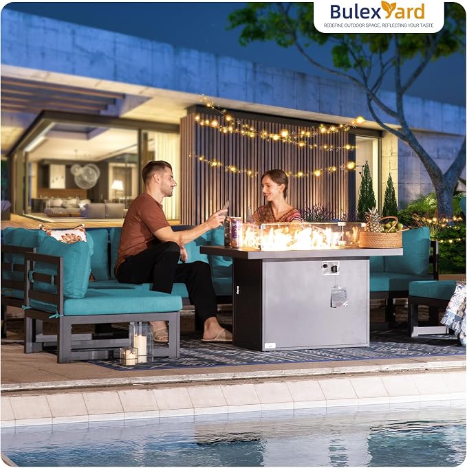 BULEXYARD 9 Piece Large Modern Aluminum Outdoor Patio Furniture Set with Fire Pit Table Propane/Gas, 29 inch Wide Deep Seat, Anti-Rust Comfy Sectional Sofa, 500 lbs Sturdy Conversation Set, Turquoise