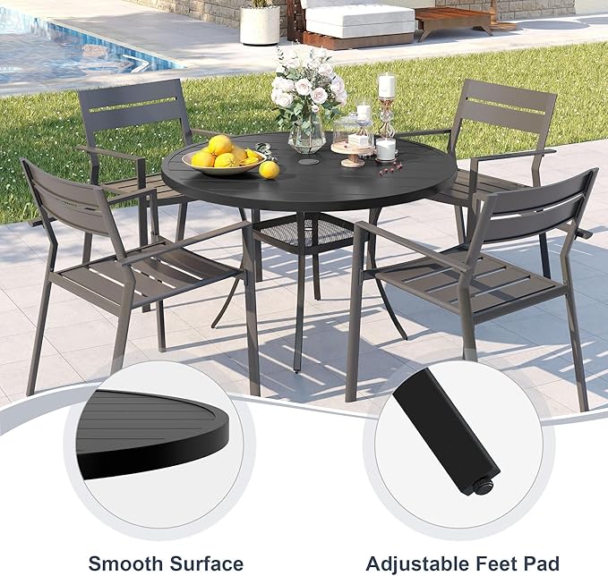 VICLLAX 5 Pieces Patio Outdoor Dining Set, 40.6" Round Metal Table with Umbrella Hole and 4 Stackable Textilene Chairs for Patio, Lawn, Garden, Porch, Black/Brown