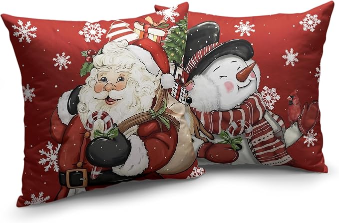 Lovely Christmas Snowman Pillow Covers Santa Throw Pillow Covers 18x18 Set of 2 Red Xmas Pillowcase Winter Snowflakes Cushion Case for Holiday Decorations Couch Sofa