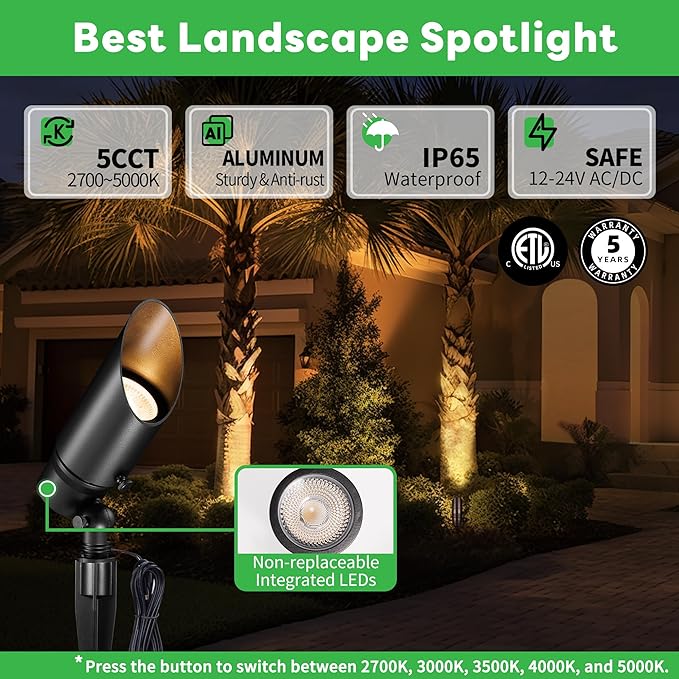 Landscape Spotlights Low Voltage - Warm & Cool White Uplight Adjustable Temp, 12V Outdoor LED Spot Lights Wired, IP65 Waterproof Aluminum, Black for Exterior House Tree Garden Yard