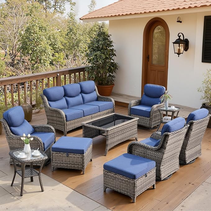 Belord Luxury 6" Thick Cushioned 10 Pieces Patio Furniture Set with Outdoor Couch, Wicker Outdoor Conversation Set with High Back Swivel Rocker Chairs for Deck Porch Yard and Poolside - Grey+Blue