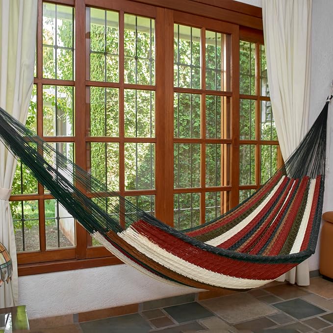 NOVICA Artisan Handmade Hammock Striped Rope Double Earthtone Green Nylon Mexico Mayan Hacienda [Bed Size 78in L x 78in W Total Length 158in L] ' Mother Earth' Double