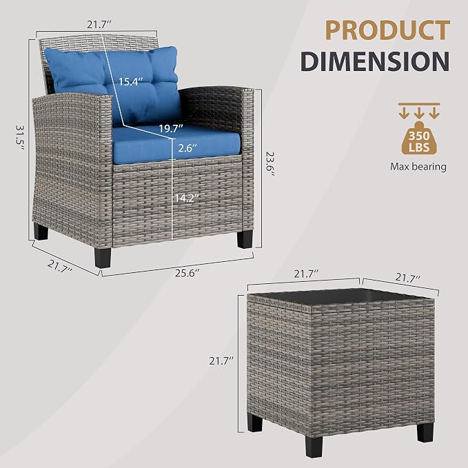 JAMFLY 3 Piece Wicker Patio Furniture Set - Outdoor Rattan Conversation Set with Soft Cushions & Glass Coffee Table for Balcony, Porch, Small Backyard - All Weather Blue Bistro Set, Blue