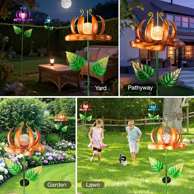 Solar Yard Lights Wind Spinners- Metal Lotus Flower Garden Decor LED Crackle Glass Globe Yard Art Sculpture Solar Stake Lights for Patio Pathway Lawn Walkway (Yellow-Large)