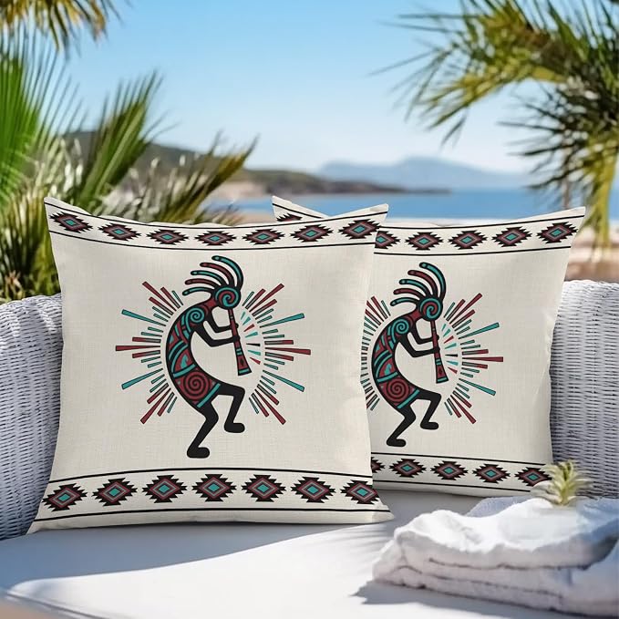 Boho Southwest Waterproof Outdoor Throw Pillow Covers 16''x16'' Pack 2, Aztec Ethnic Native Human Ethnic Plaid Pillow Cases Throw Cushion Cover with Zipper, Washable Pillowcase for Poolside Sofa