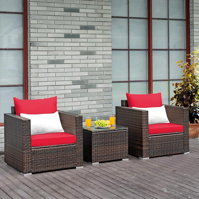 Tangkula 3 Pieces Patio Furniture Set, Outdoor Conversation Rattan Furniture Set w/Washable Cushion and Tempered Glass Tabletop, PE Rattan Wicker Sofa Set for Garden Poolside Balcony