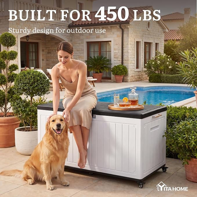 YITAHOME 90 Gallon Outdoor Storage Box with 6 Swivel Wheels & Dual Wooden Handles, Large Double-Wall Resin Deck Box, Lockable Waterproof Patio Organizer for Furniture, Cushions, White & Black
