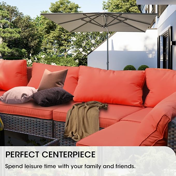 Grezone 5 Piece Patio Furniture Set with 44" Fire Pit Table, Outdoor Sectional Couch, PE Rattan Patio Conversation Sets with 4inch Cushions for Backyard Red