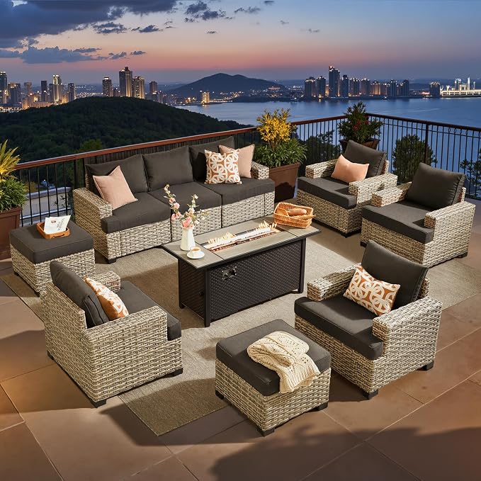 ovios 10 Piece Patio Sectional Furniture with 42in Fire Pit Table, Rattan Wicker Coversation Setwith Single Chairs, Outdoor Sofa Set for Outside Porch Balcony Backyard Pool, Black