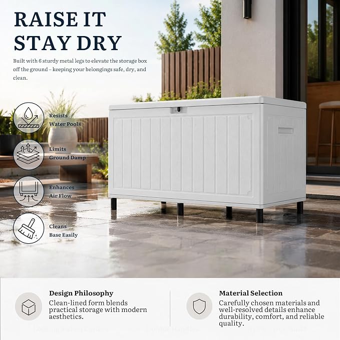 YITAHOME 90 Gallon Outdoor Storage Box with 6 Heavy-Duty Metal Legs & Ergonomic Dual Handles, Large Double-Wall Resin Deck Box, Lockable Waterproof Patio Organizer for Furniture, Cushions, White