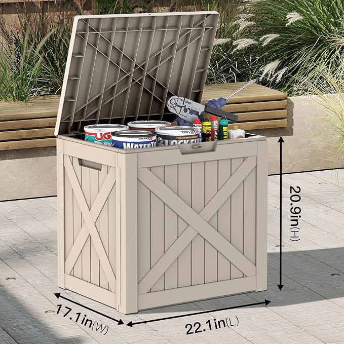 Mars Villa 31 Gallon Deck Box, Outdoor Storage Box Waterproof, Outside Resin Storage Bin for Outdoor Patio Furniture Cushion, Pool Supply, Garden Tool, UV-Resistant and Weatherproof, Greige Barn
