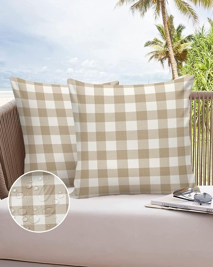 Outdoor Waterproof Throw Pillow Covers Set of 2 Khaki Buffalo Check Plaid Pillowcases 26x26 Inches Farmhouse Style Patio Decorative Pillows Cushion Case Patio Pillows for Couch Bed Chair Garden