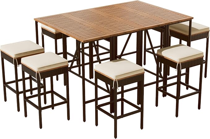 10 Piece Patio Table and Chairs Set for 8, 2 Acacia Wood Bar Height Table and 8 Stools with Cushions, PE Rattan Wicker Dining Table, Foldable Tabletop, Outdoor All-Weather Dining Set, Brown