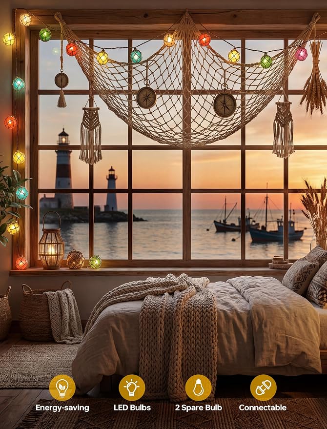 8.5 Ft 10L Multicolor Nautical Fishing Float String Lights Set of Fish Net | Waterproof，Plug in Beach Themed Buoy Lights for Indoor Party, Tiki Bar, Home, Camping Outdoor Patio Decorations