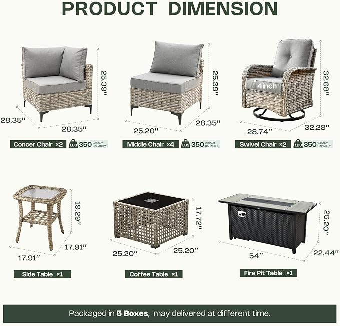 11 Piece Patio Furniture Set Outdoor Sectional with 54" Fire Pit Table, Wicker Swivel Rocking Chairs and L-Shaped Rattan Couch, Modular Conversation Set with Solar Coffee Table for Backyard, Dark Gray