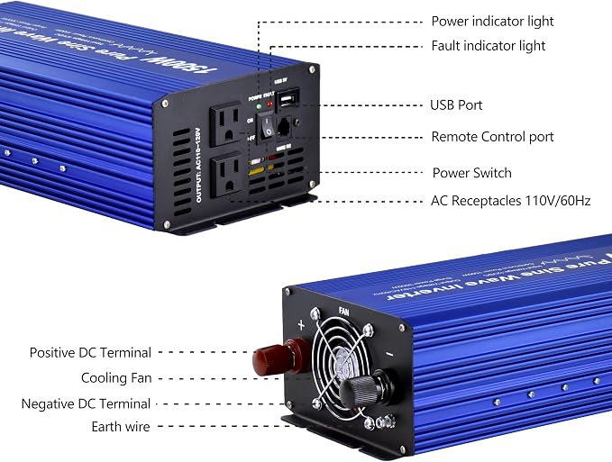 Pure Sine Wave Power Inverter DC12V to AC 110V with Dual sockets and USB, LCD Remote kit. (1500W)