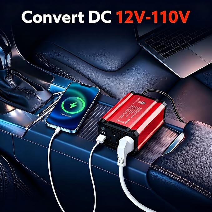 【2026 Upgraded】 300W Car Power Inverter - vansoet DC 12V to 110V AC(2 Outlets) Power Inverters with PD30W & QC18W Fast Charging Port - Car Charger Cigarette Lighter Adapter for Laptop/Phone/Road Trip