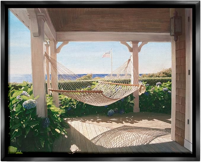 'Tranquil Hammock Warm Sunlit Porch Rural'| Floating Frame Canvas Art | Stupell Industries | Black, 21 x 17 Inches, Easy to Hang and Sturdy, Made in USA, by Tom Mielko
