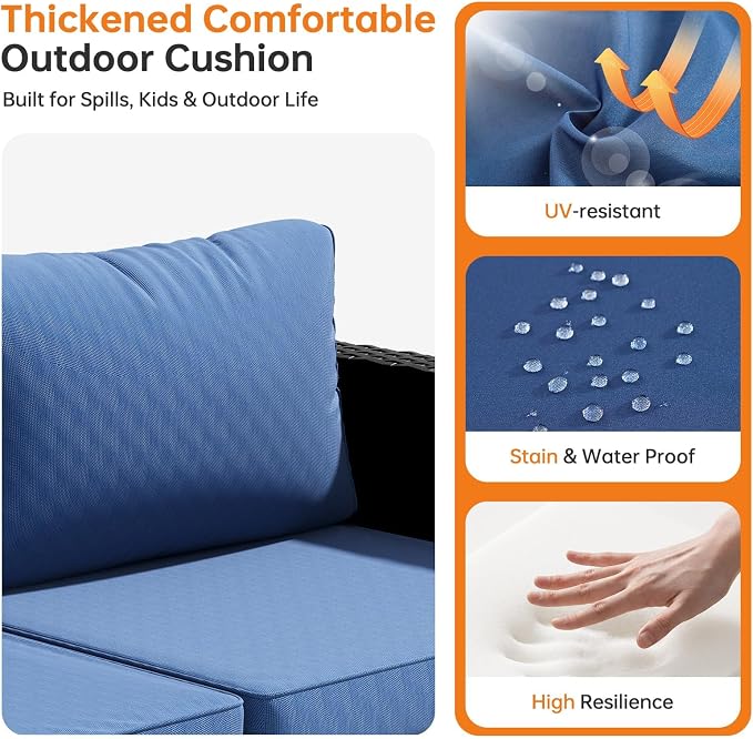 LazySunsets 7-Piece Outdoor Patio Furniture Set, Rattan Outdoor Sectional with Thick Waterproof Cushions, Wicker Ottomans & Waterproof Cover, Patio Conversation Set for Garden, Backyard,Navy Blue