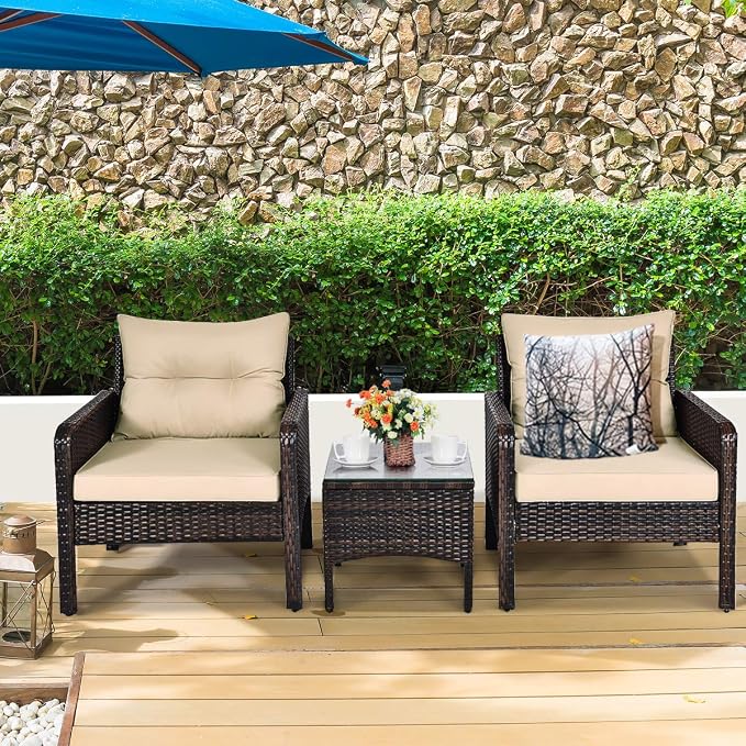 ORALNER 3-Piece Patio Conversation Set, All-Weather Wicker Sofa Chair and Coffee Table Set with Thick Cushions, Outdoor Furniture, Rattan Bistro Set for Balcony Deck Porch Poolside Garden (Brown)