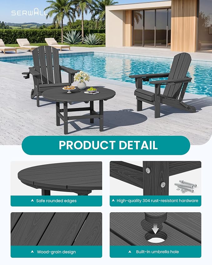 SERWALL 6-Piece Patio Set, 4 Folding Adirondack Chairs with Cup Holders, Round Table & Center Pole Umbrella, HDPE Plastic, Grey