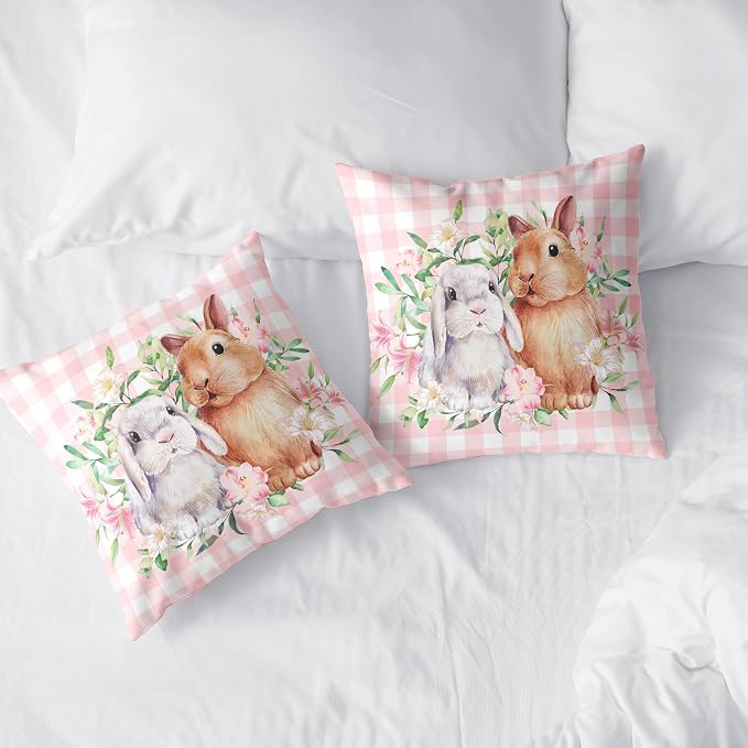 Spring Easter Pillow Covers 16x16 Pack of 2 Lovely Rabbit with Lily Flower Throw Pillow Covers Pink Plaid Bunny Pillow Case for Spring Easter Decoration Sofa Patio Garden