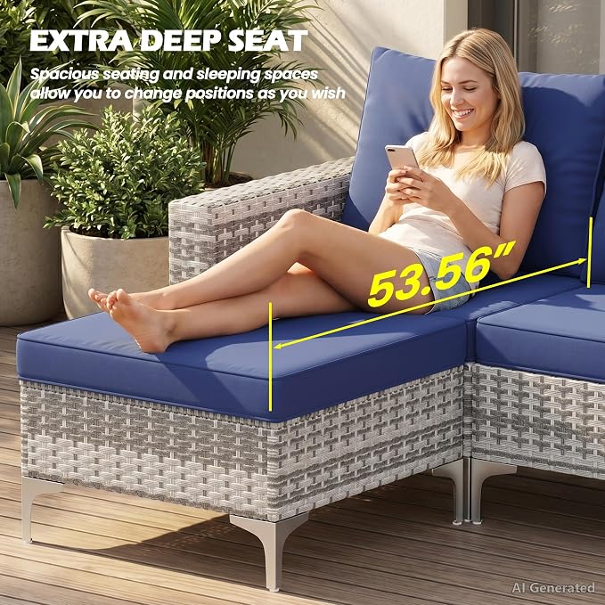 Vikiullf Patio Conversation Sets, Outdoor Furniture Set with Thick Cushions, Wicker Patio Sectional Sofas with Coffee Table for Backyard, Poolside, Garden (Grey & Blue, 7 Pieces)