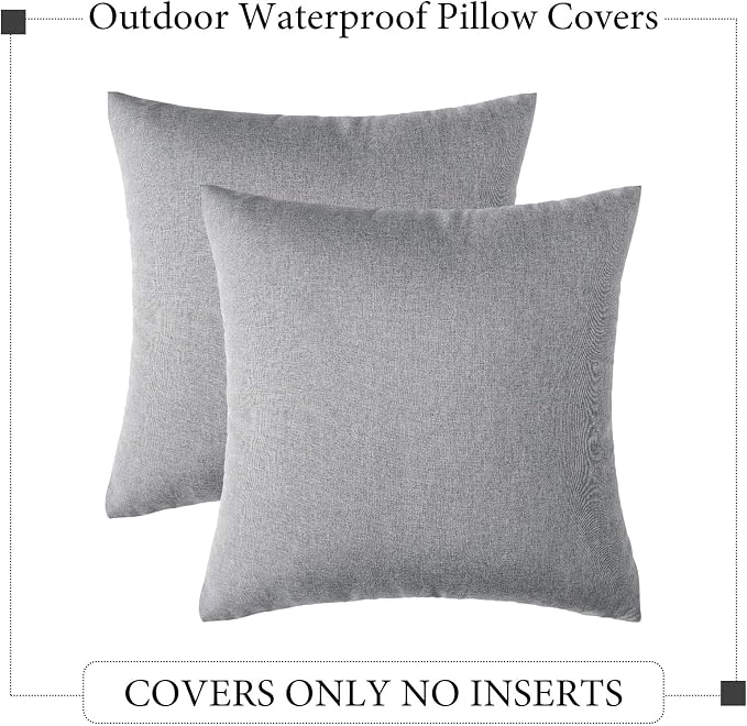 Outdoor Waterproof Throw Pillow Covers Light Grey 16x16 Set of 2 | Decorative Farmhouse Linen Pillowcases Solid Cushion Cases for Patio Tent Balcony Couch Sofa Living Room