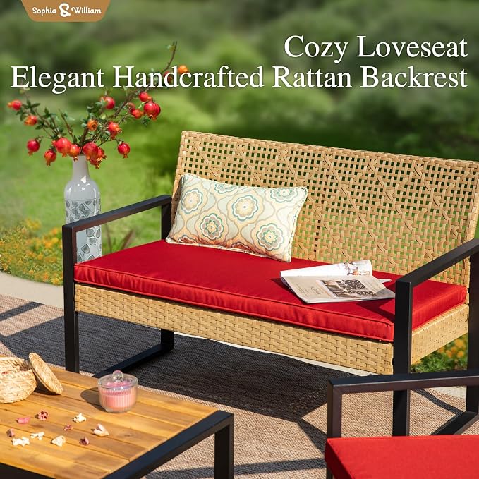 Sophia & William 4 Pieces Patio Conversation Set, Wicker Outdoor Furniture Set for 4, All Weather Outdoor Seating Set, Rattan Loveseat & Chairs with Cushions & Coffee Table, Yellow and Red