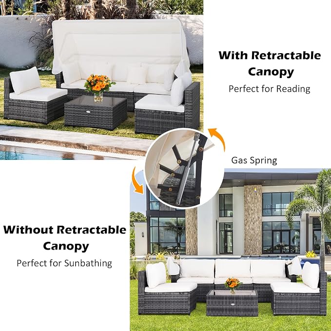 Tangkula 6-Piece Patio Furniture Set w/Retractable Canopy, Outdoor Conversation Set w/3-Seat Daybed Sofa, Soft Cushions and Tempered Glass Coffee Table, All-Weather PE Rattan Sectional Sofa Set