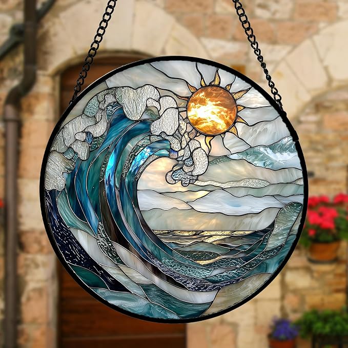 DASTOLL Stained Glass Window Hanging, Blue and White Waves Suncatcher Diamond Glass Panel Landscape Sun Catchers Decor for Birthday for Women, Men, Wife, Aunt, and Mom 9.8 in