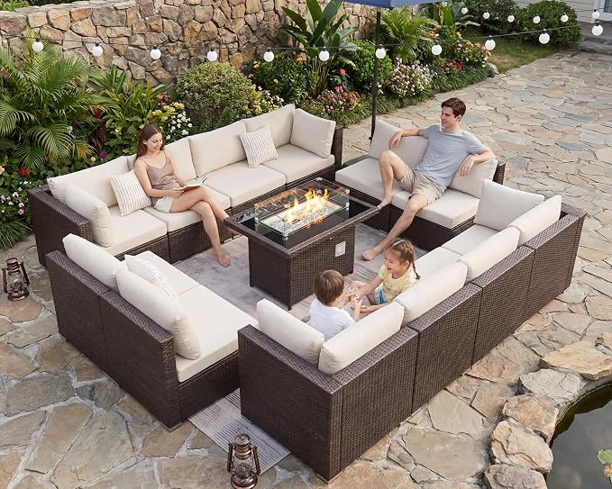 NICESOUL 13 Piece Patio Furniture w/Fireplace, Elegant Outdoor Seating w/Firepit, XL 29.3'' High Back Sectional Sofa, All-Weather Rattan Deck Couch, Modular Sturdy Conversation Set, Brown & Beige