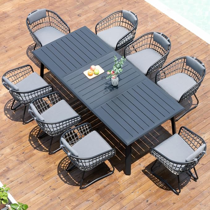 Pellebant 9-piece Outdoor Dining Set for 6-8 - Weather-Resistant Patio Dining Furniture Set, 94" Aluminum Outdoor Table with Umbrella Hole, Wicker Chairs with Cushion for Deck, Porch, Backyard, Gray