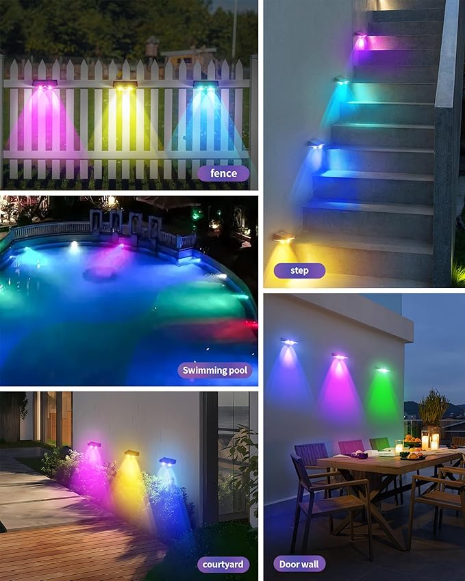 Solar Fence Lights 12 Pack, Outdoor IP65 Waterproof LED, RGB Fence Lights Solar Powered 7 Colors, for Wall, Patio, Deck, Backyard, Garden, Pool, Railing