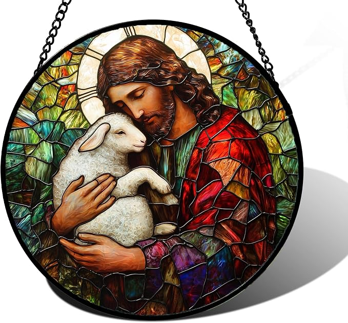 DASTOLL Stained Glass Window Hanging, Jesus Little Lamb Sun Catchers Colorful Glass Panel Christianity Suncatcher Decor for Birthday for Women, Men, Wife, Aunt, and Mom 11.8x11.8 in