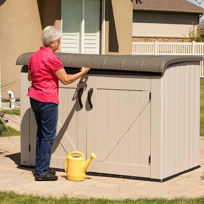 LIFETIME Large Horizontal Outdoor Deck Storage Box, Lockable Spring-Hinge Lid, 561 Gallon Capacity